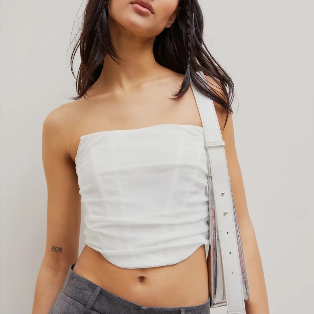 Cider Solid Strapless Crop Tube Top Corset Mesh Top